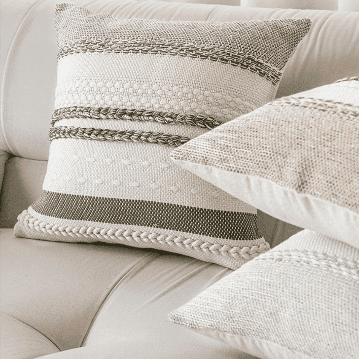 FTCBJJA Set of 2 Farmhouse Throw Pillow Covers 18x18 Striped Neutral Decorative Pillows Cushion Case for Sofa Couch Chair Bedroom Modern Decor, Green and Off White