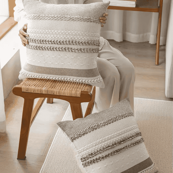 FTCBJJA Set of 2 Farmhouse Throw Pillow Covers 18x18 Striped Neutral Decorative Pillows Cushion Case for Couch Bedroom Decor, Khaki and off White