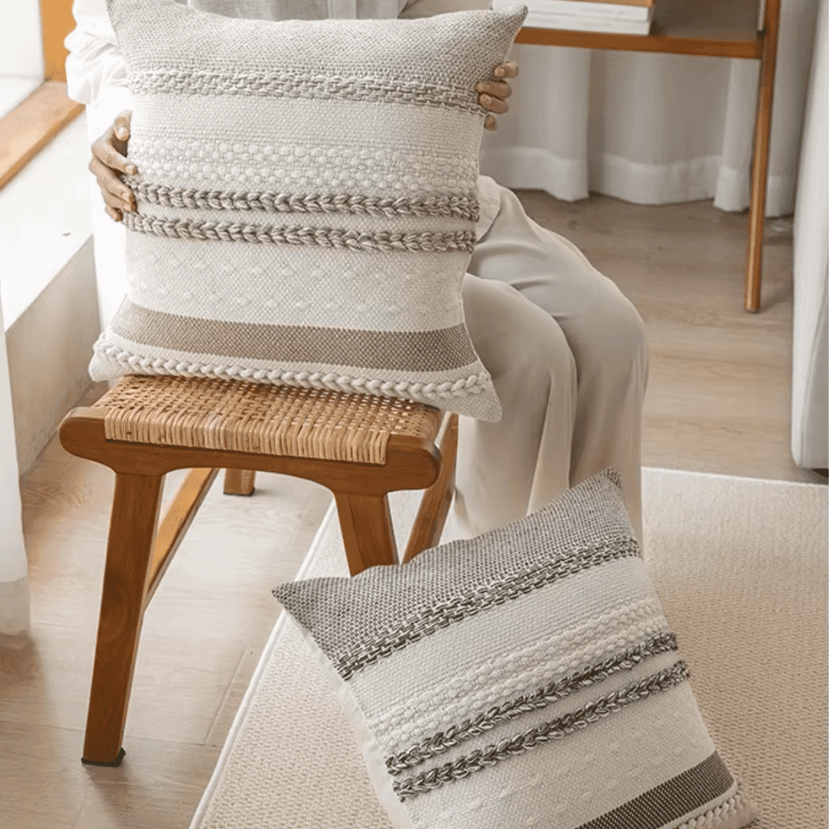 FTCBJJA Set of 2 Farmhouse Throw Pillow Covers 18x18 Striped Neutral Decorative Pillows Cushion Case for Sofa Couch Chair Bedroom Modern Decor, Khaki and Off White