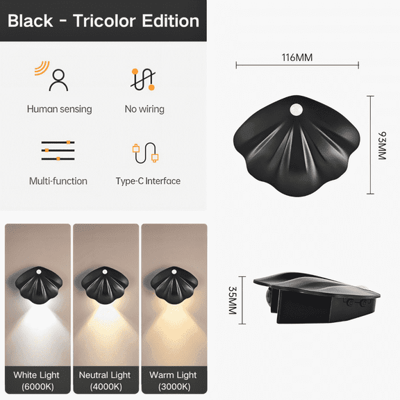 SpaceMuse Shell-Shaped Under Cabinet Lighting, 3 Color and 3 different Modes, Magnetic Under Counter Lights for Kitchen, Stairs, Hallway, USB Interface and Black