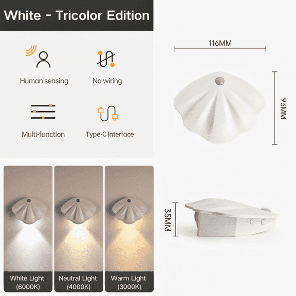 SpaceMuse Shell-Shaped Under Cabinet Lighting, 3 Color and 3 different Modes, Magnetic Under Counter Lights for Kitchen, Stairs, Hallway, USB Interface and White