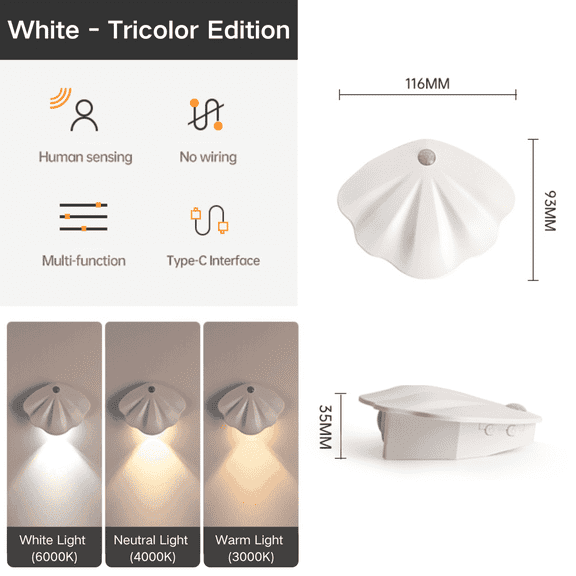 SPACEMUSE Shell-Shaped Under Cabinet Lighting, 3 Color and 3 different Modes, Magnetic Under Counter Lights for Kitchen, Stairs, Hallway, USB Interface and White