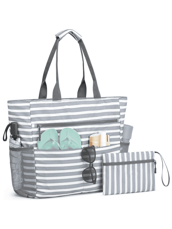 Waterproof & Sandproof Beach Tote Bag for Women, Large Capacity Swim Pool Bag Zipper Closure with Pouch for Beach Travel & Weekend Trips