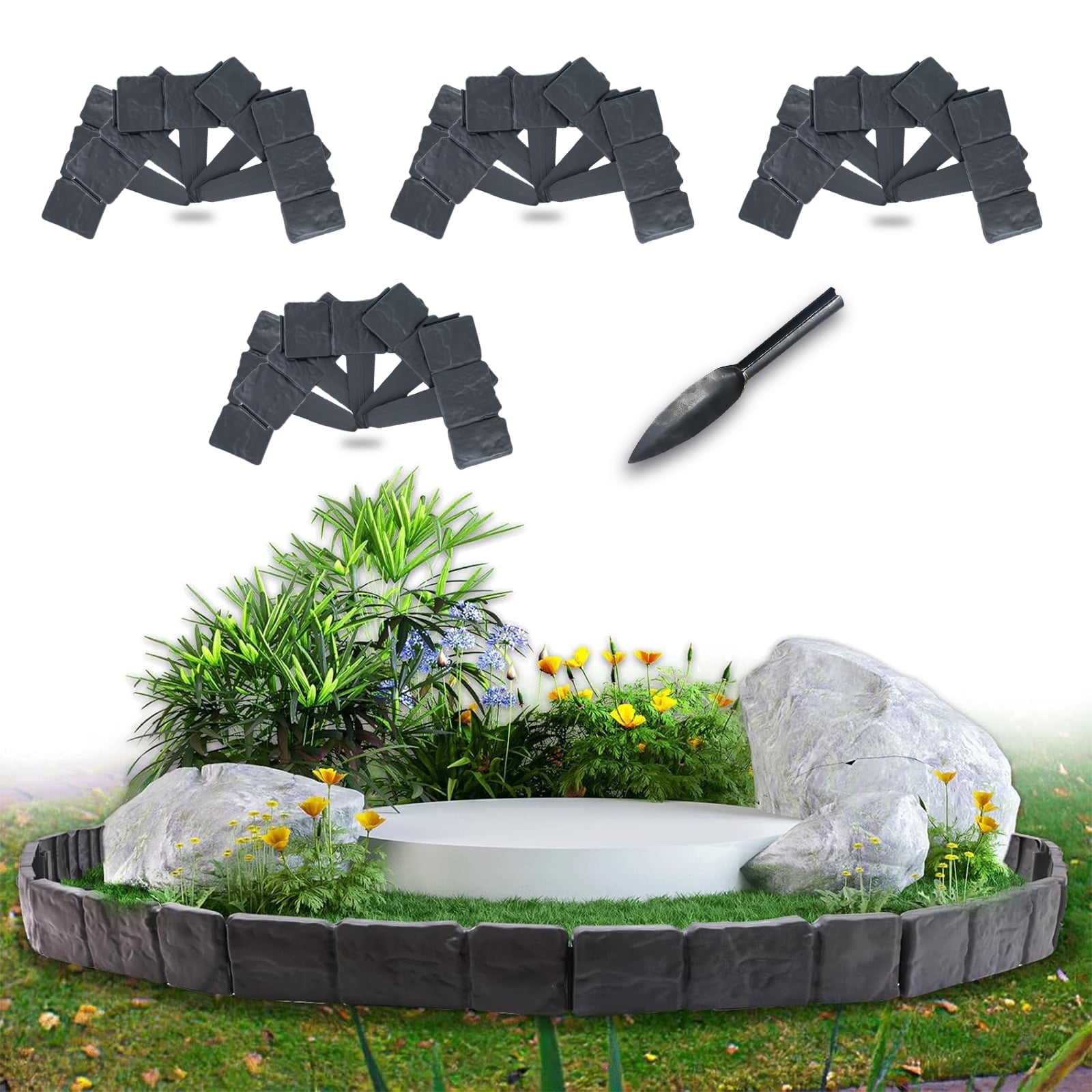 FTCBXT Edging for Landscaping,Landscape Edging Border, 16 Ft Plastic Garden Edging Border, Imitation Stone Fence for DIY Outdoor Yard Landscaping (20 Pcs, Black)