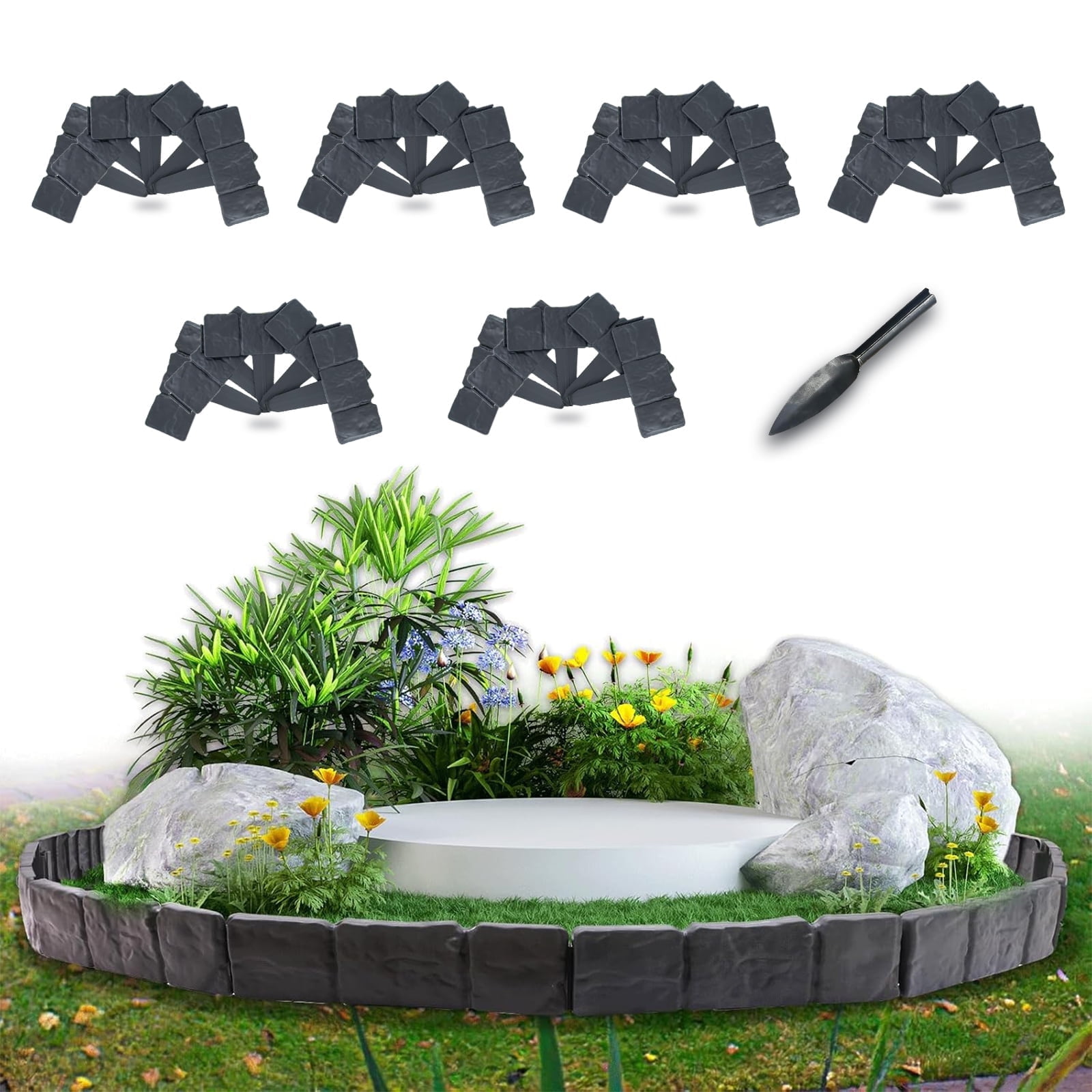 FTCBXT Edging for Landscaping,Landscape Edging Border, 24 Ft Plastic Garden Edging Border, Imitation Stone Fence for DIY Outdoor Yard Landscaping (30 Pcs, Black)