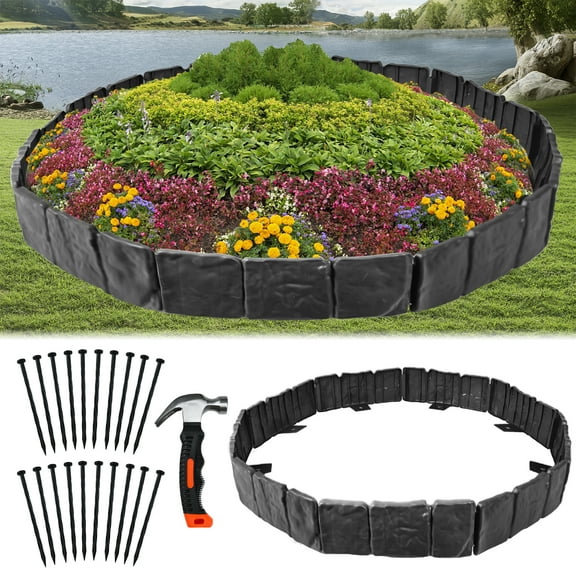 FTCBXT Garden Edging Border, 16 Ft Plastic Landscape Edging Border with Anchoring Spikes, Imitation Stone Fence for DIY Outdoor Yard Landscaping (20 Pcs, Black)