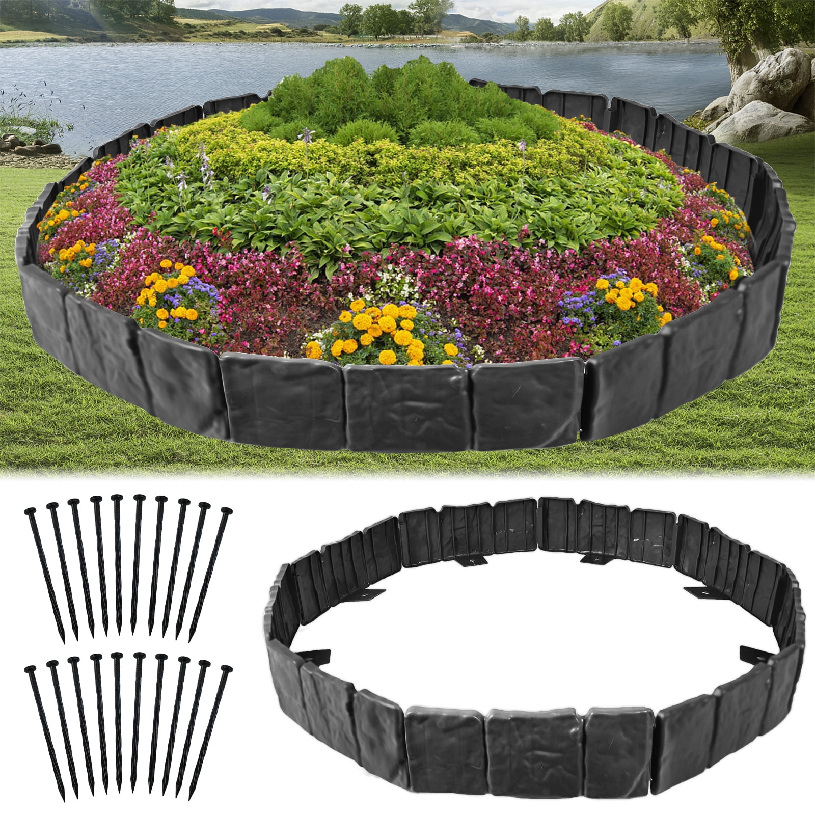 FTCBXT Garden Edging Border, 16 Ft Plastic Landscape Edging Border with Anchoring Spikes, Imitation Stone Fence for DIY Outdoor Yard Landscaping (20 Pcs, Black)