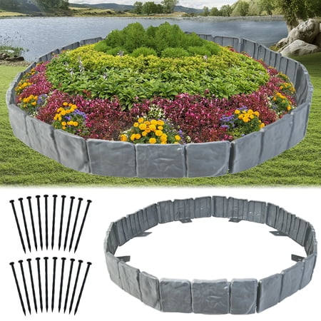FTCBXT Garden Edging Border, 16 Ft Plastic Landscape Edging Border with Anchoring Spikes, Imitation Stone Fence for DIY Outdoor Yard Landscaping (20 Pcs, Gray)