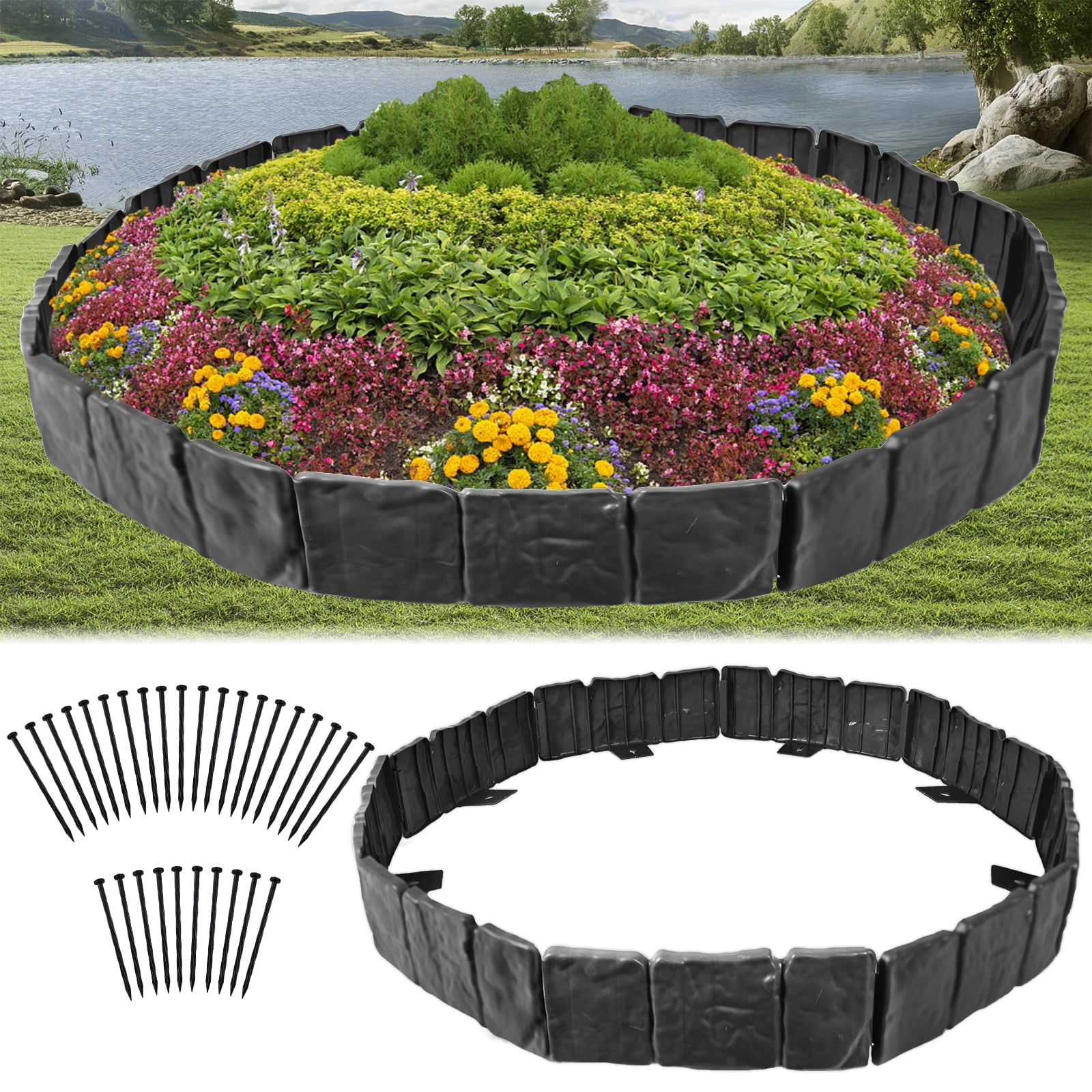 FTCBXT Garden Edging Border, 24 Ft Plastic Landscape Edging Border with Anchoring Spikes, Imitation Stone Fence for DIY Outdoor Yard Landscaping (30 Pcs, Black)