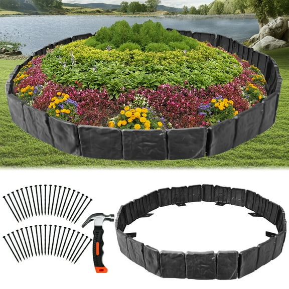 FTCBXT Garden Edging Border, 32 Ft Plastic Landscape Edging Border with Anchoring Spikes, Imitation Stone Fence for DIY Outdoor Yard Landscaping (40 Pcs, Black)