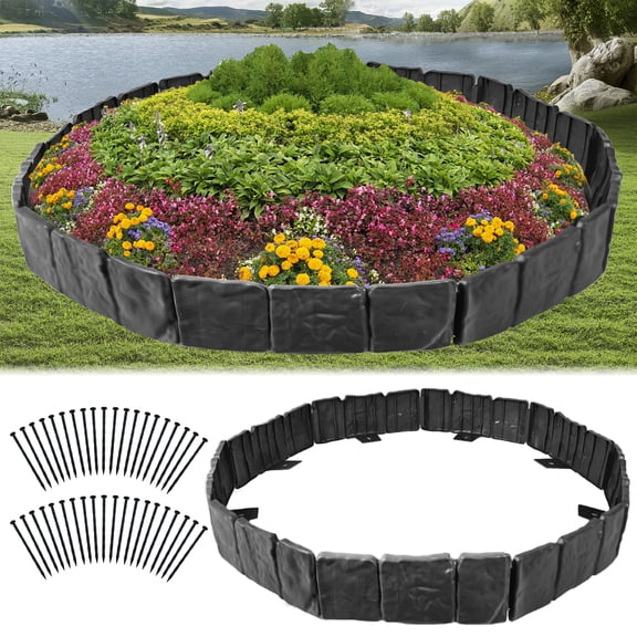 FTCBXT Garden Edging Border, 32 Ft Plastic Landscape Edging Border with Anchoring Spikes, Imitation Stone Fence for DIY Outdoor Yard Landscaping (40 Pcs, Black)