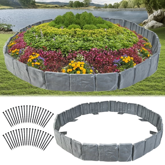 FTCBXT Garden Edging Border, 32 Ft Plastic Landscape Edging Border with Anchoring Spikes, Imitation Stone Fence for DIY Outdoor Yard Landscaping (40 Pcs, Gray)