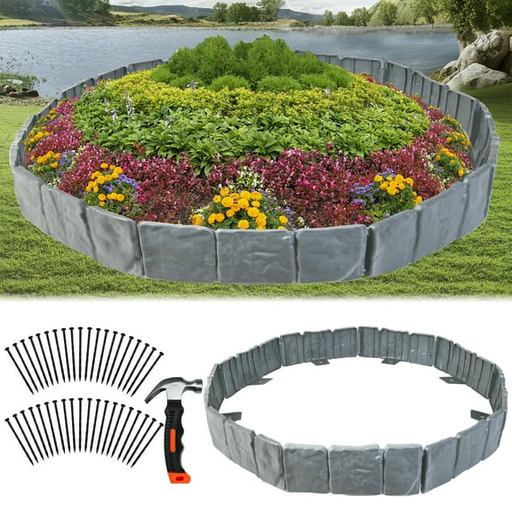 FTCBXT Garden Edging Border, 32 Ft Plastic Landscape Edging Border with Anchoring Spikes, Imitation Stone Fence for DIY Outdoor Yard Landscaping (40 Pcs, Gray)