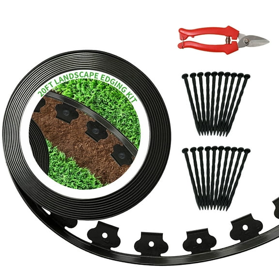FTCBXT Landscape Edging Border 2 Inch Tall with 20-Pack Spiral Nylon Anchoring Spikes and 1 Scissor,Plastic Garden Edging Border for DIY Garden,Lawn Edging,Yard (20 FT)
