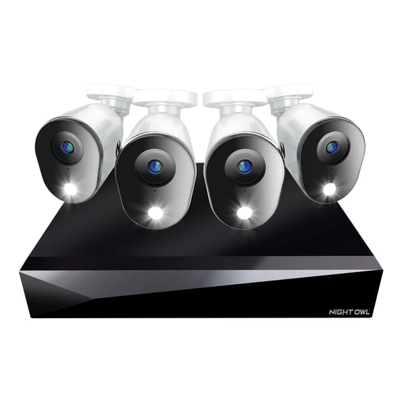Night Owl WM-FTD4HS-4644L Water-Resistant 2K 4 Channels Video Surveillance Cameras with DVR, 4 Wired 2K Cameras, 64GB MicroSD Card, White (4 Pack)