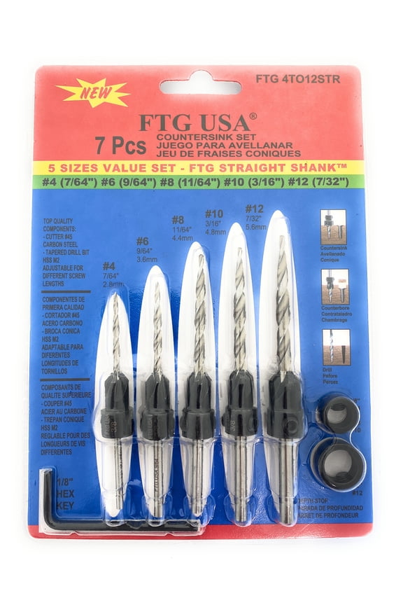Countersink Drill Bit Set #4#6#8#10#12 Round Shank, 2 Stop Collars