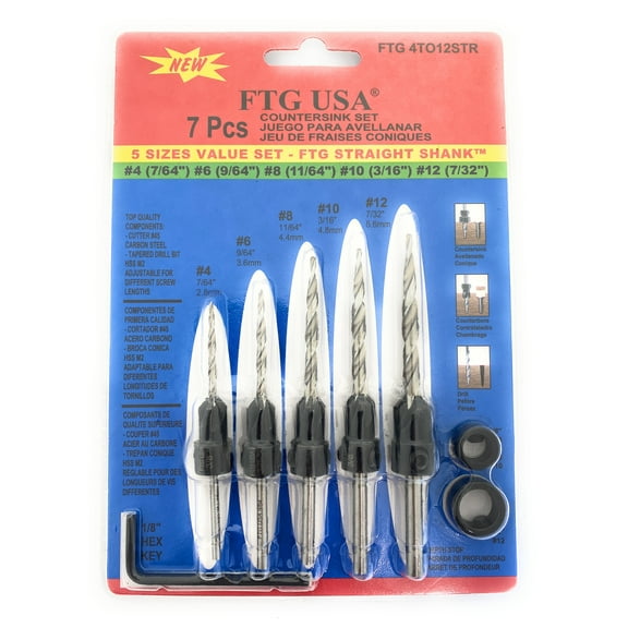 FTG USA Countersink Drill Bit Set #4#6#8#10#12 Round Shank, 2 Stop Collars