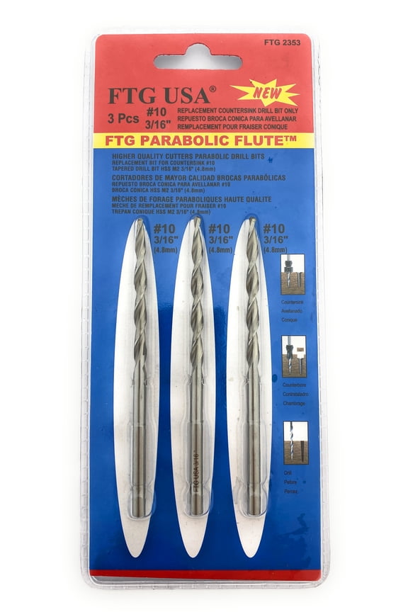 Replacement Countersink Drill Bit 3 Pc (#10) 3/16" Parabolic Flute