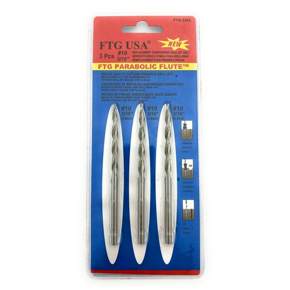 FTG USA Replacement Countersink Drill Bit 3 Pc (#10) 3/16" Parabolic Flute