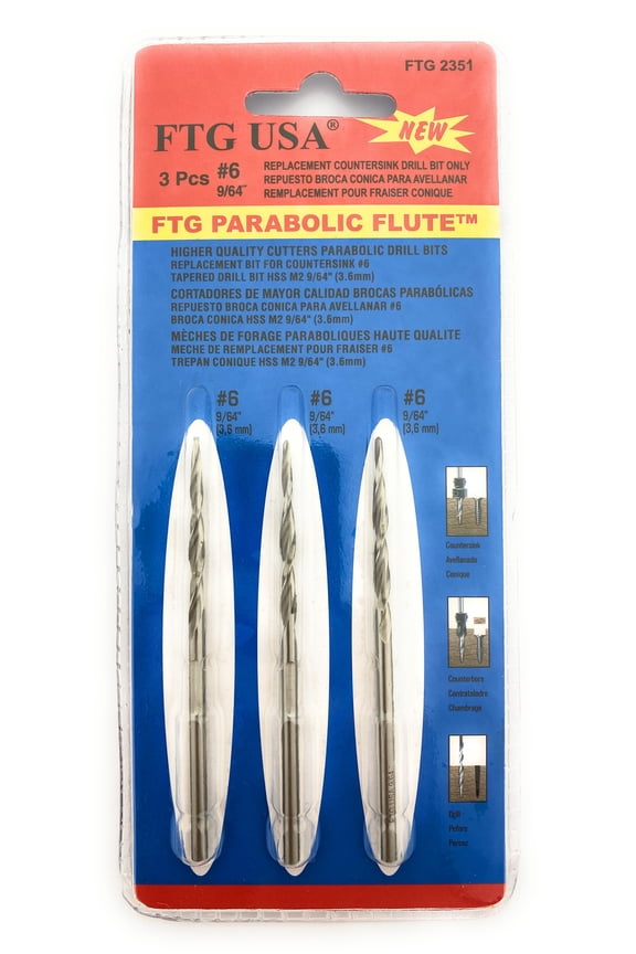 Replacement Countersink Drill Bit 3 Pc (#6) 9/64" Parabolic Flute