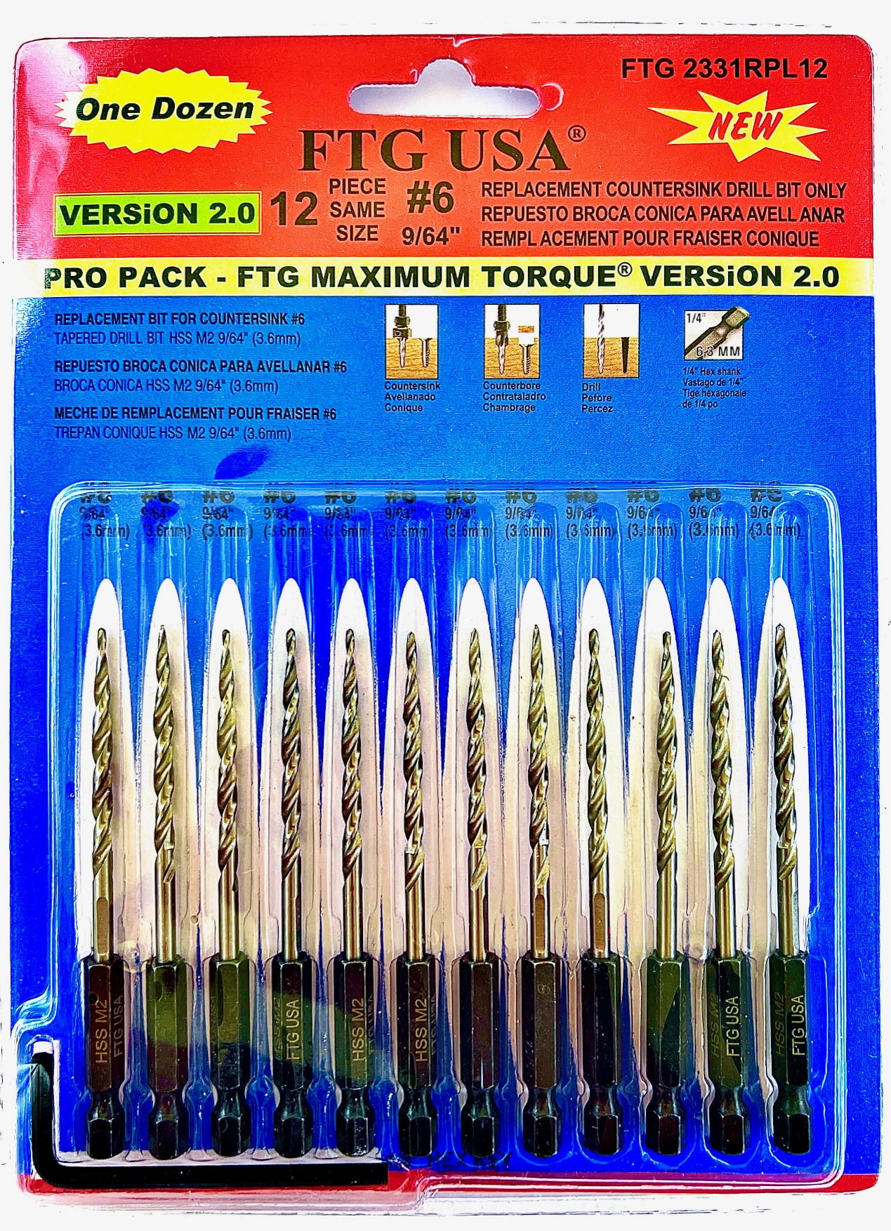FTG USA Replacement Tapered Countersink Drill Bit Set 12 Pc Bit (#6) 9/64"