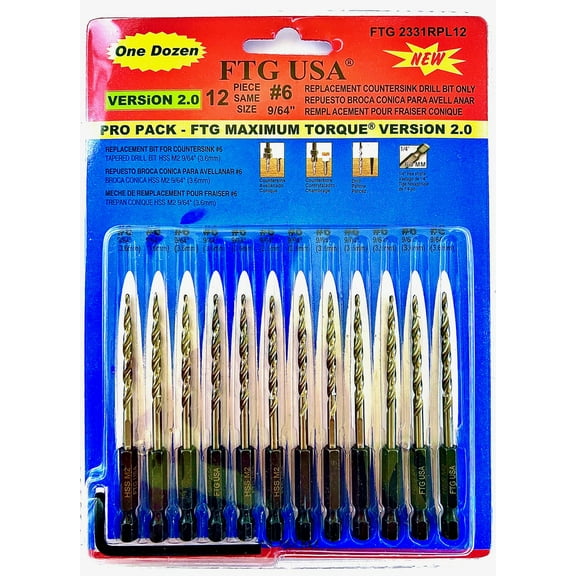 FTG USA Replacement Tapered Countersink Drill Bit Set 12 Pc Bit (#6) 9/64"