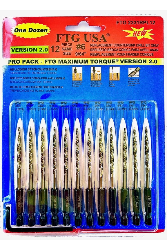 Replacement Tapered Countersink Drill Bit Set 12 Pc Bit (#6) 9/64"