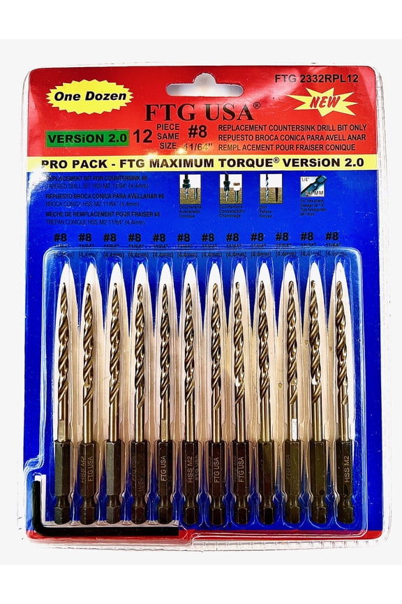 Replacement Tapered Countersink Drill Bit Set 12 Pc Bit (#8) 11/64"