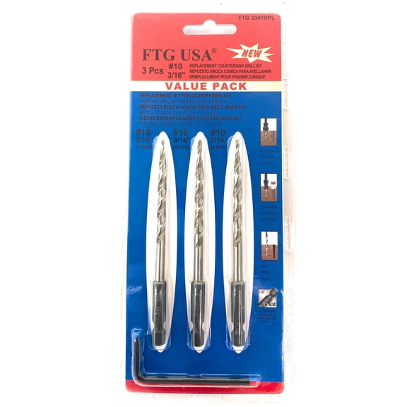 FTG USA Replacement Tapered Countersink Drill Bit Set 3 Pc Bit (#10) 3/16"