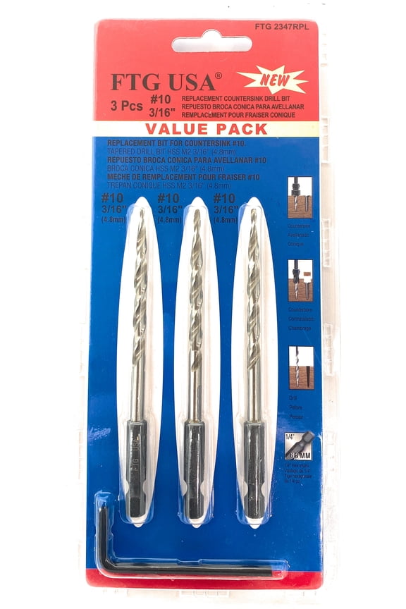 Replacement Tapered Countersink Drill Bit Set 3 Pc Bit (#10) 3/16"
