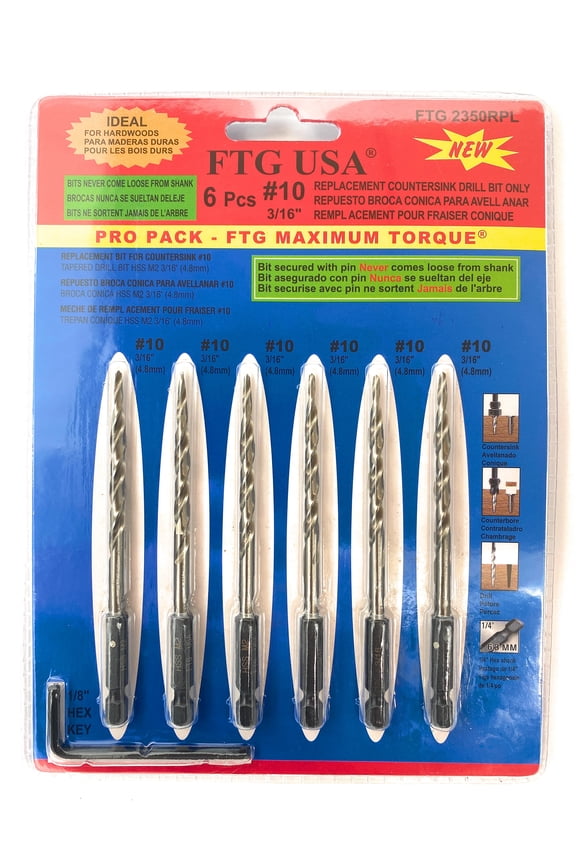 Replacement Tapered Countersink Drill Bit Set 6 Pc Bit (#10) 3/16"