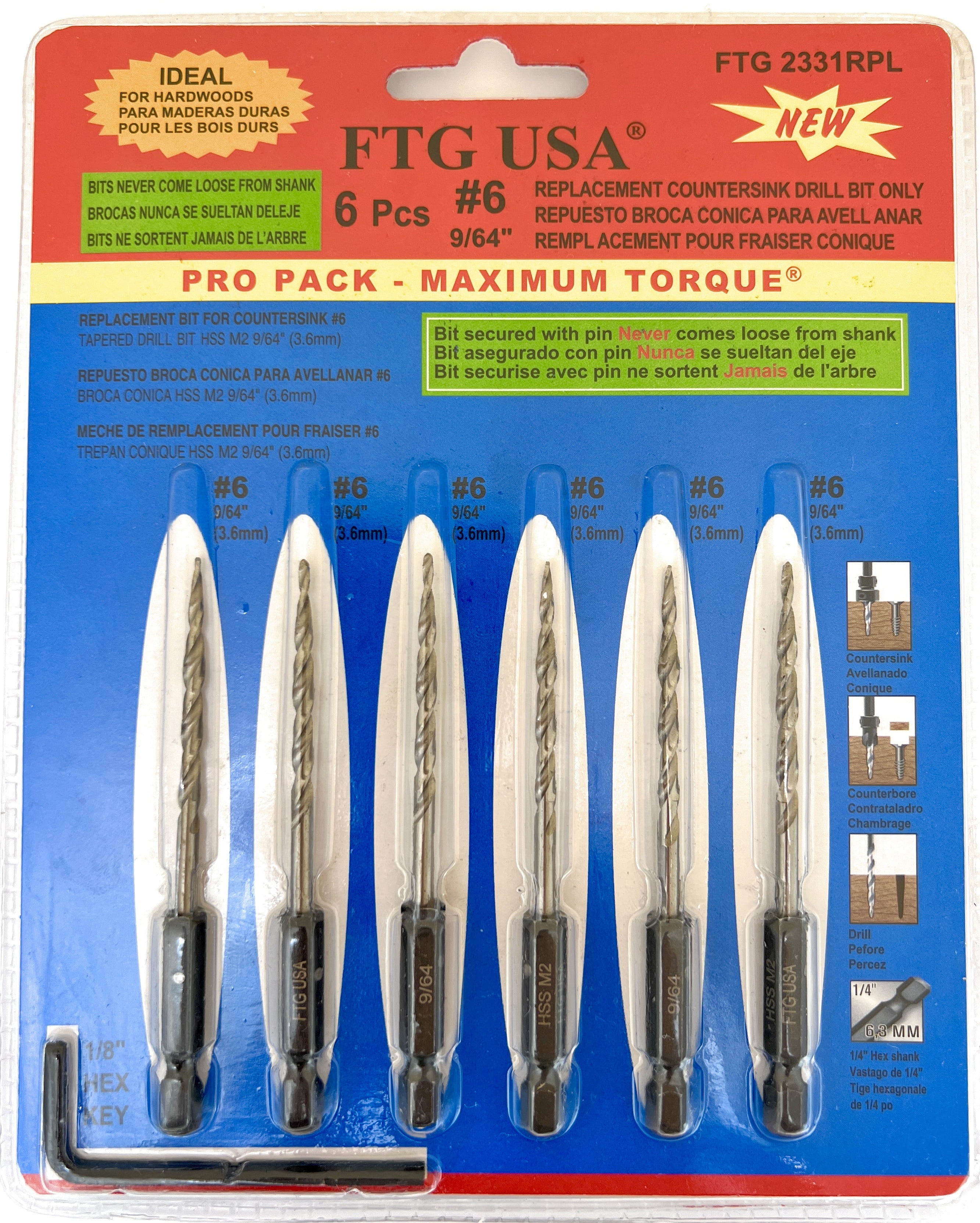 FTG USA #8 (11/64”) Tapered Countersink Drill Bit Set – 6-Piece Replacement Bits With Hex Wrench, HSS M2