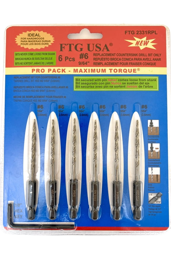 Replacement Tapered Countersink Drill Bit Set 6 Pc Bit (#6) 9/64"