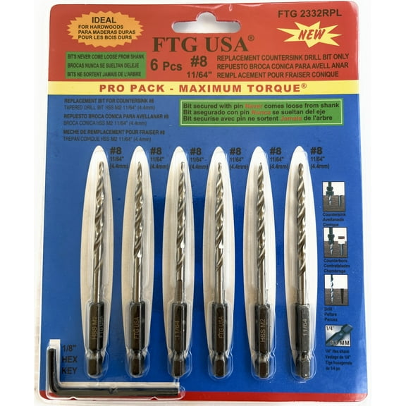 FTG USA Replacement Tapered Countersink Drill Bit Set 6 Pc Bit (#8) 11/64"