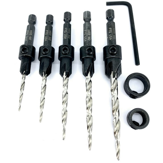 FTG USA Wood Countersink Drill Bit Set #4#6#8#10#12 with 2 Stop Collar