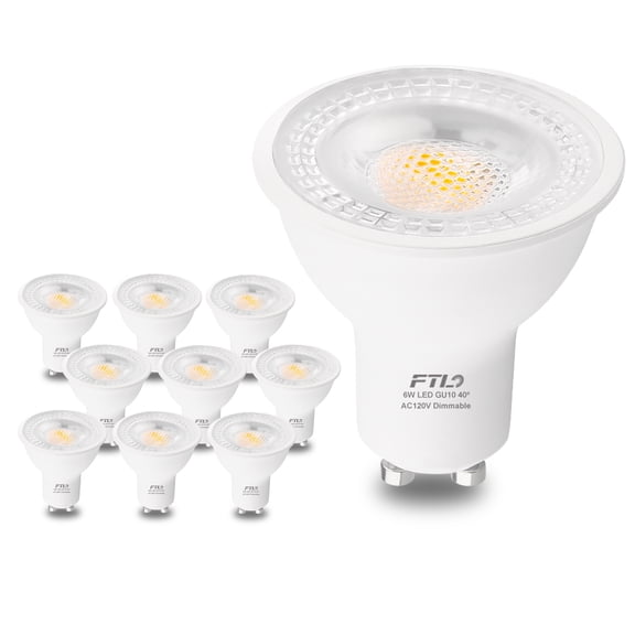 FTL 10-Pack GU10 LED Bulbs Dimmable 6W 600LM Spotlight 3000K Warm White, 60W Halogen Replacement, Dimmable 40 Degree Track Light Bulbs for Recessed Ceiling Lighting