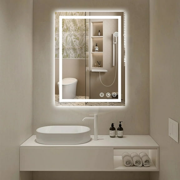 FTL 32"x24" LED Bathroom mirror Frontlit and Backlit,LED Vanity Mirror with Light 3 Colors Temperature&Dimmable Anti-fog Wall Mounted Mirror Light(Horizontal/Vertical)