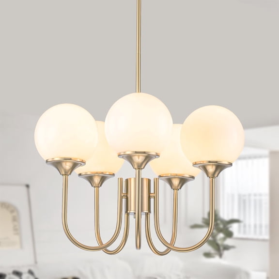 FTL 5 Light Gold Globe White Milk Glass Chandelier,Mid Century Modern Sputnik Ceiling Light Fixture E26 Brass Vintage Pendant Light