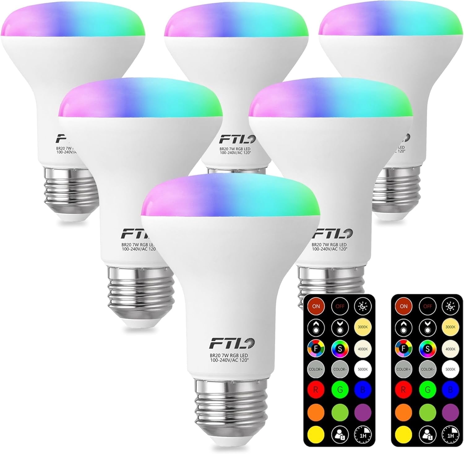 FTL BR20 LED Light Bulbs Color Changing, R20 Dimmable Flood Light Bulbs for Recessed Lighting, 30 Colors,2700K-6000K, Timer, 6-Pack
