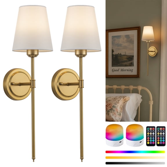 FTL Battery Operated Wall Sconce Set of 2 Wireless Wall Lights with Remote for Bedroom - Rechargeable Gold Wall Lamp for Living Room Hallway