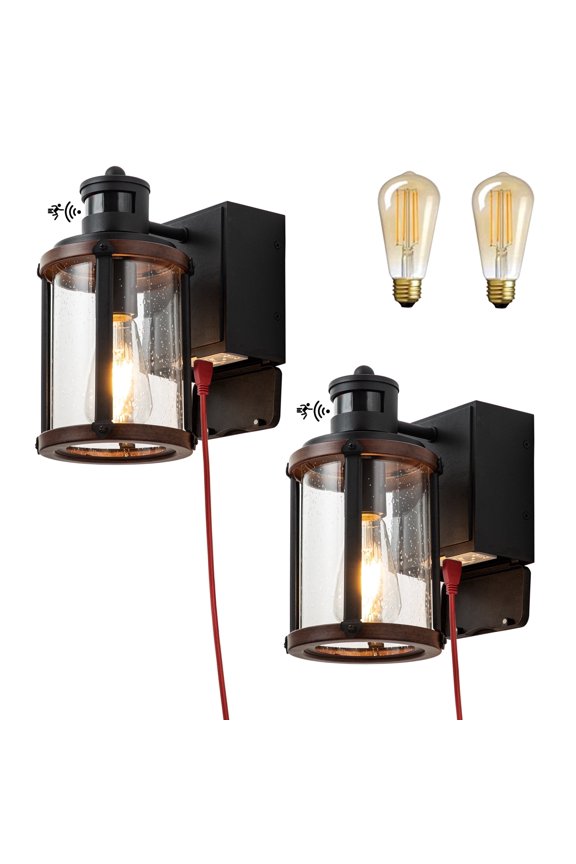 Black Motion Sensor Outdoor Wall Lantern with Bulb, 2 Packs