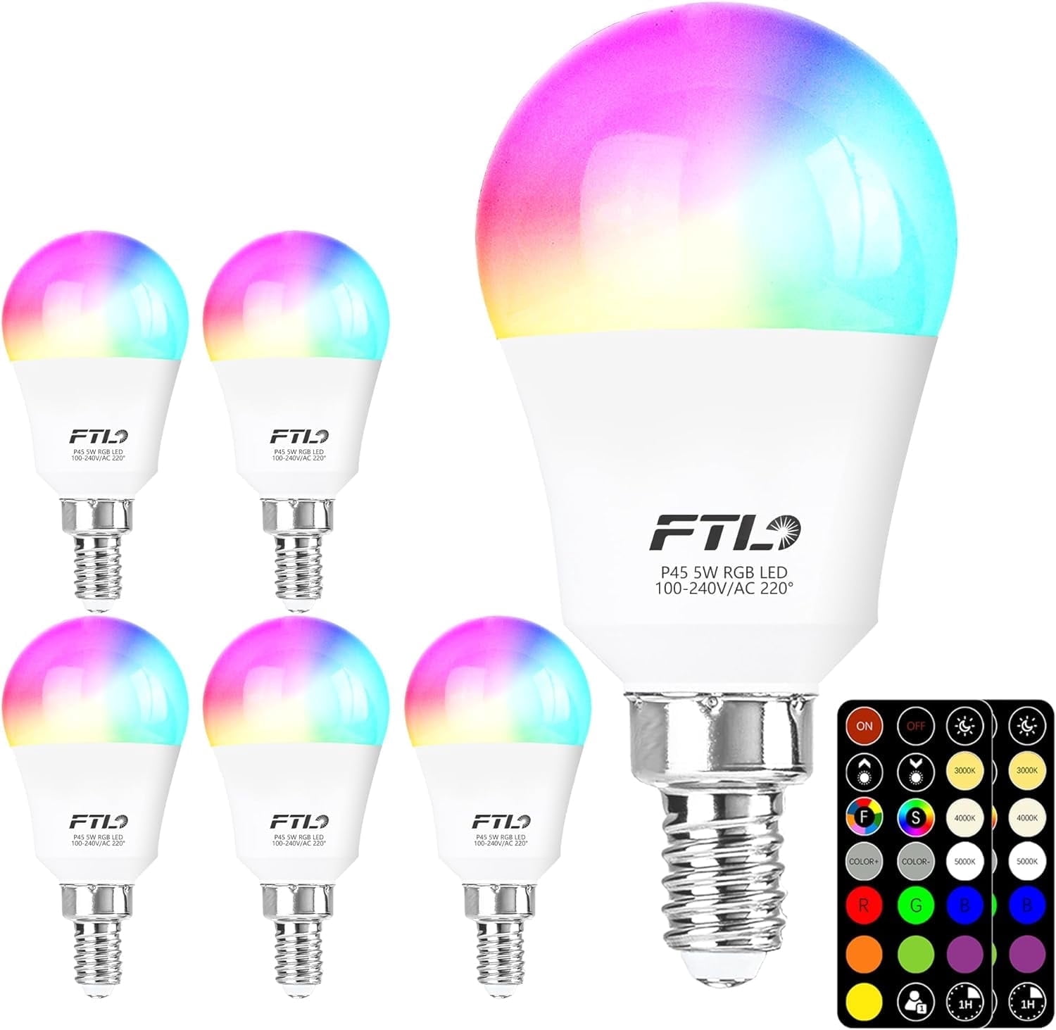 FTL E12 LED Light Bulb Color Changing, 5W 40W Equivalent A15 RGB Light Bulb with Remote Control, Warm White to Daylight White 2700K-6000K, 30 Colors RGB E12 LED Bulb Dimmable,Timer, 2 Modes,6-Pack