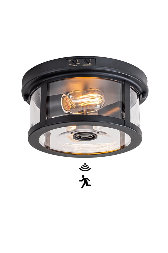 Farmhouse 10.25-Inch Flush Mount Outdoor Ceiling Light with Motion Sensor, Clear Glass
