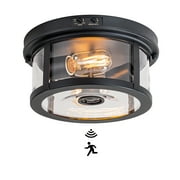 FTL Farmhouse 10.25-Inch Flush Mount Outdoor Ceiling Light with Motion Sensor, Clear Glass