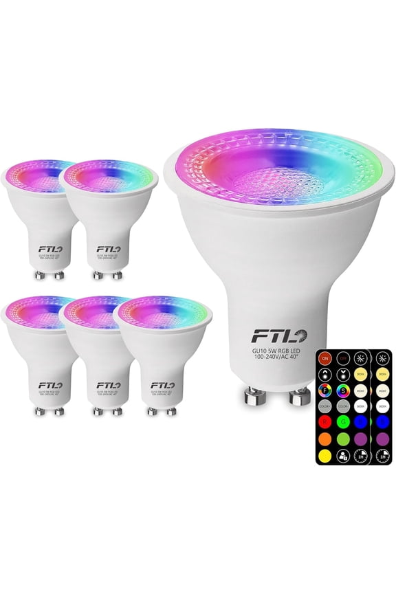 GU10 LED Bulbs, 5W 40W Equivalent, 2700K-6000K RGB Colored, Dimmable, Remote Control, Timer, 6-Pack