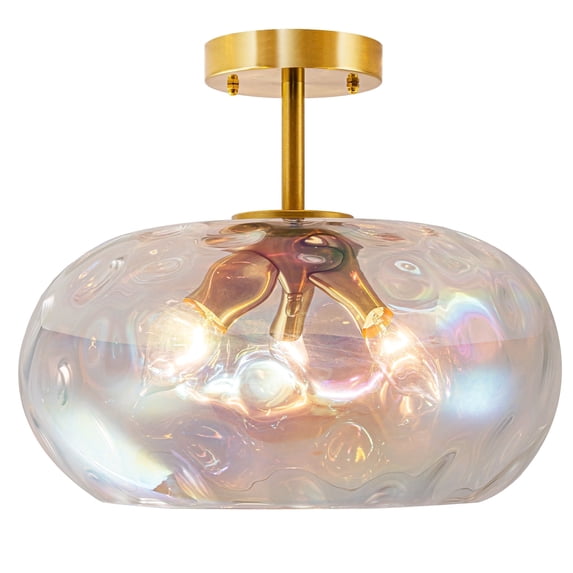 FTL Gold Semi Flush Mount Ceiling Light Fixture 3 Lights, Hammered Stained Glass Lampshade Chandelier, 14" Large Modern Close to Ceiling Light for Foyer Hallway Entryway Kitchen Bedroom