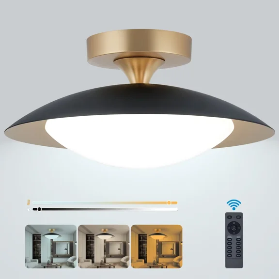 FTL LED Close to Ceiling Light Fixture with Remote, Dimmable 5CCT 2700K-6500K, 15.7Inch Mid Century Black Flush Mount Light for Kitchen, Hallway, Laundry Room and Bedroom, Black