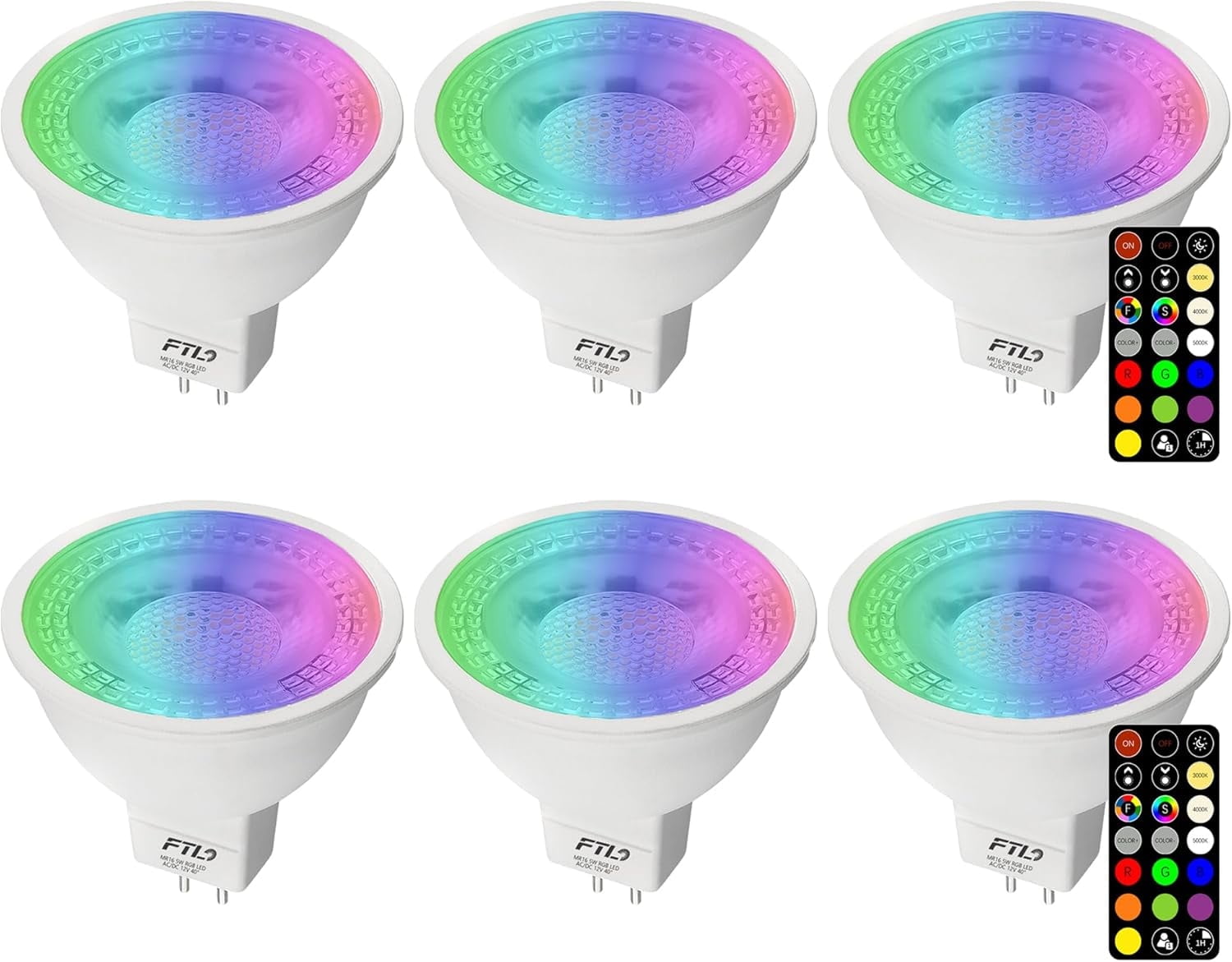 FTL MR16 LED Bulb Color Changing Light Bulbs with Remote Control,RGB Colored Bulbs Dimmable 2700K-6000K 12V 5W 40W Equivalent GU5.3, Spot Light for Landscape Lighting, Track Lighting, 6-Pack