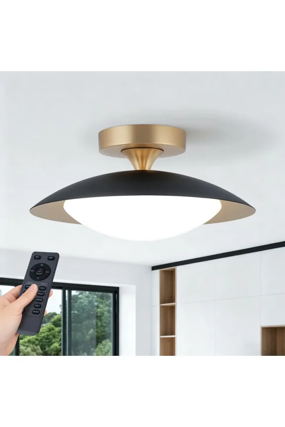 Modern LED Semi Flush Mount Ceiling Light, 11.8" Black Fixture with Remote Control, Dimmable 5CCT 2700K-6500K for Kitchen, Dining Room, Hallway, Bedroom and Entryway, Black