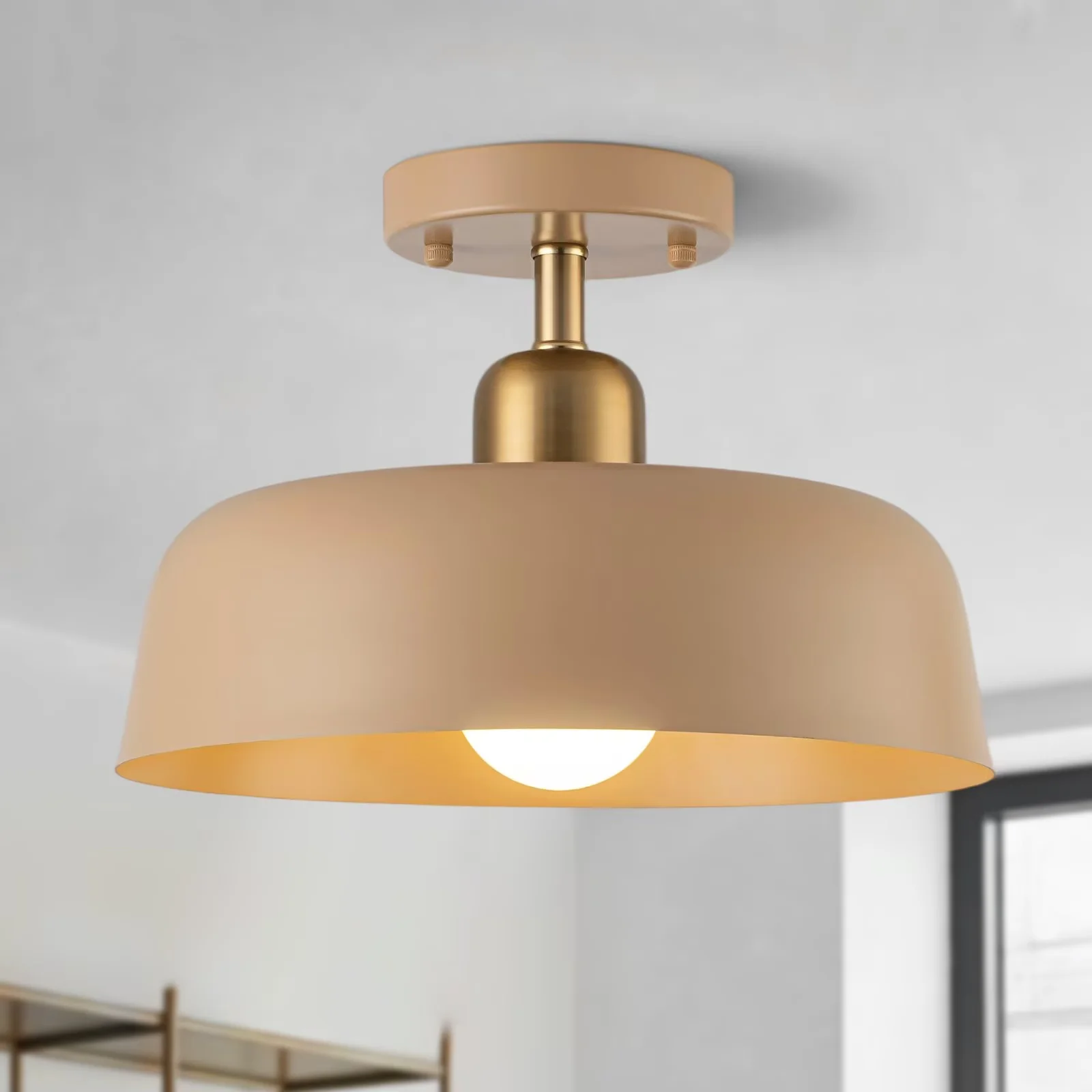 FTL Modern Semi Flush Mount Ceiling Light Brown and Gold Metal Shade 12.6" Mid Century Close to Ceiling Light Fixture for Kitchen Hallway Entryway Foyer Bedroom Laundry Room
